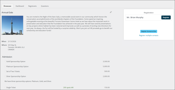 Viewing an event page